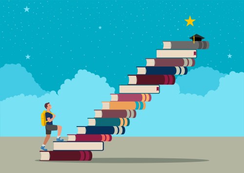 Cartoon illustration of a boy with a backpack climbing the stairs made of books to reach the stars