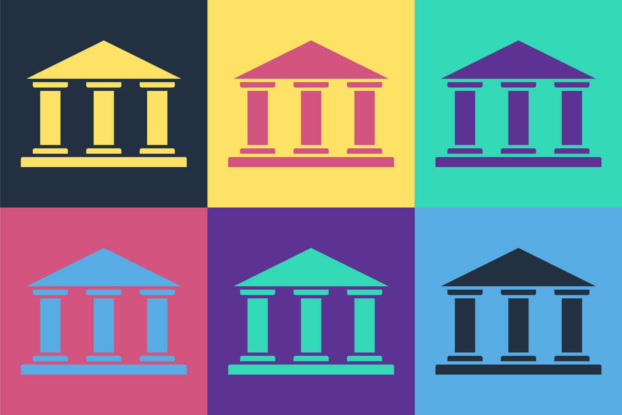Pop art Museum building icon isolated on color background. Vector Illustration
